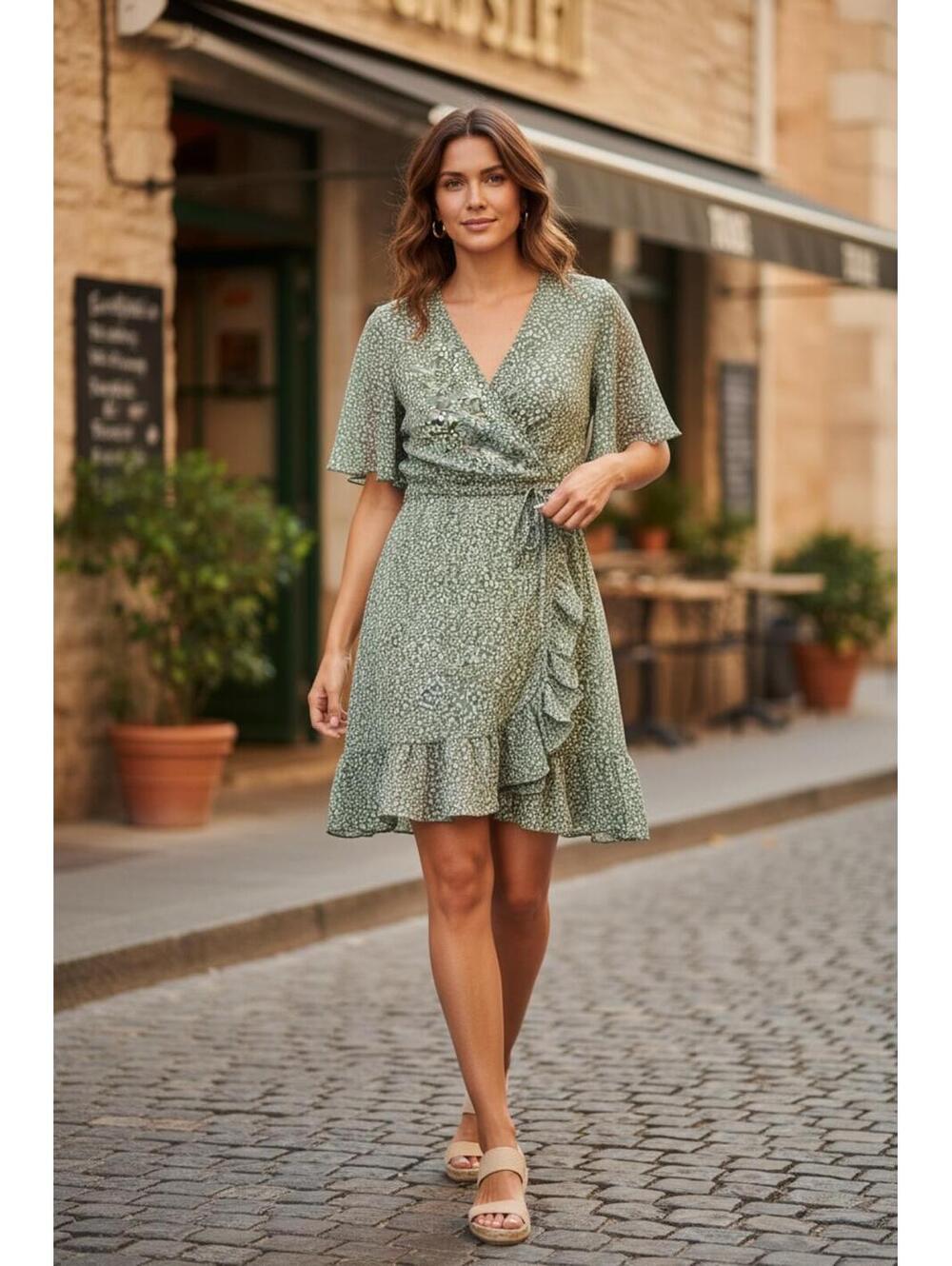 Kirundo Green Wrap Dress with Ruffle Hem SZ Medium